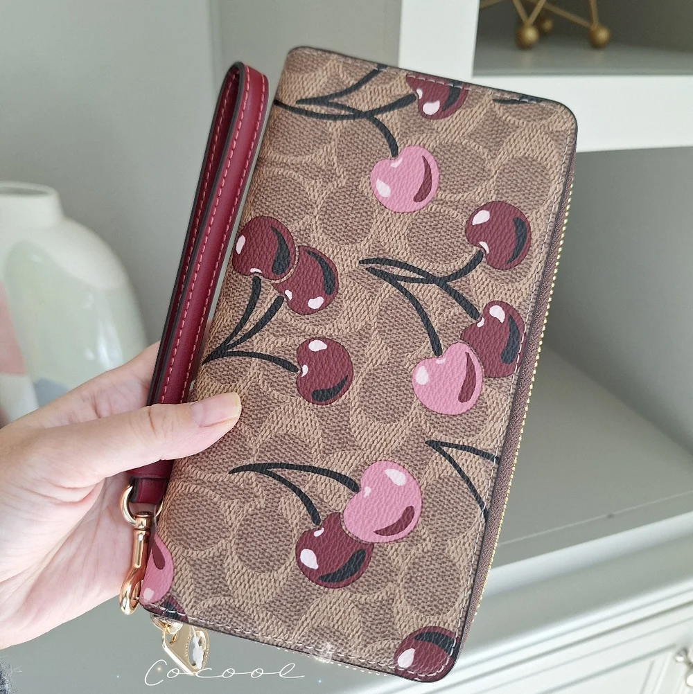 NWT Coach Long Zip Around Wallet In Signature Canvas With Cherry Print CZ328 🍒
